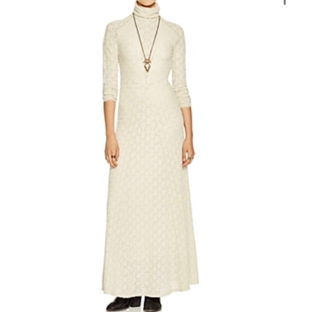 Free People Floral Lace Turtleneck Maxi Dress Size SP Solid Beige Long Sleeve